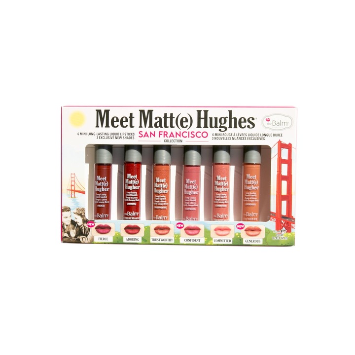 Set 6 rujuri mate Meet Matt(e) Hughes San Francisco Edition, TheBalm, Menta/Vanilie, 1.2 ml, Multicolor