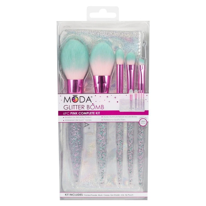 Set 5 pensule machiaj, Moda, Par sintetic, Geanta inclusa, Multicolor