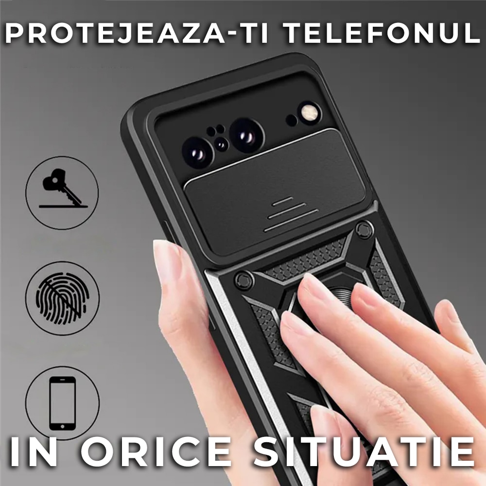 Husa pentru Google Pixel 8 Premium Hybrid Armor Kickstand, Slider Camera, Antisoc, Protectie Superioara, Negru