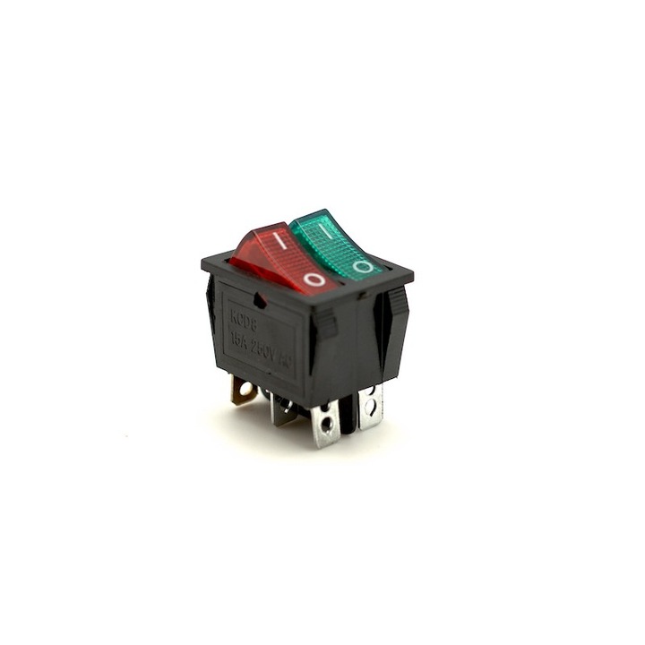 Двойно електрическо комутационно устройство ElecTech, ON/OFF, 15A, 250V, размер 31 x 25 x 32 mm, зелено-червен цвят с LED