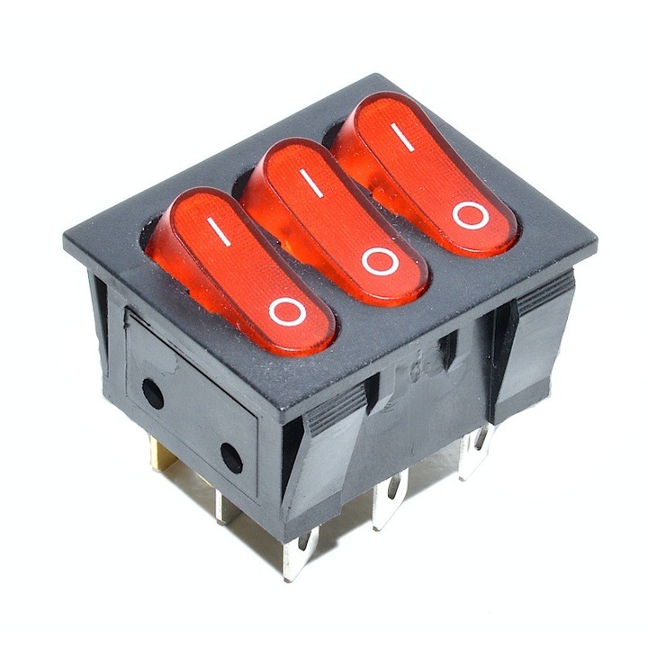 Троен тумблер ElecTech, ON/OFF, 16A, 250V, размер 40 x 34 x 35 mm, цвят черно-червен с LED