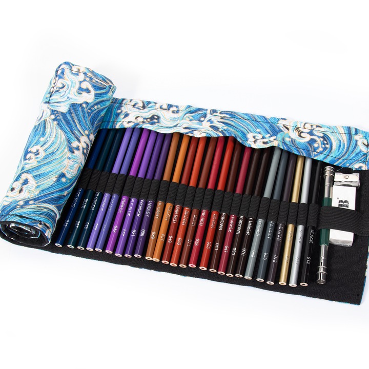 Set Profesional de Creioane Colorate pentru Copii - 72 Culori Unice si Vibrante in Penar Rulant, Pigmenti de Inalta Calitate, Ideal pentru Scoala si Arta Creativa, Model Valuri