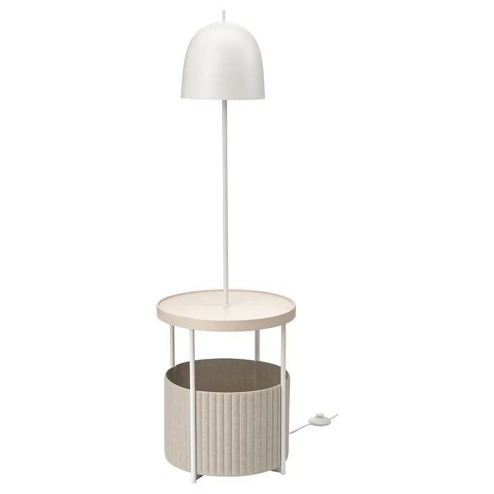Lámpa, dohányzóasztal és tárolóhely, fehér fém/nyír furnér, 125 cm, 16W, E27
