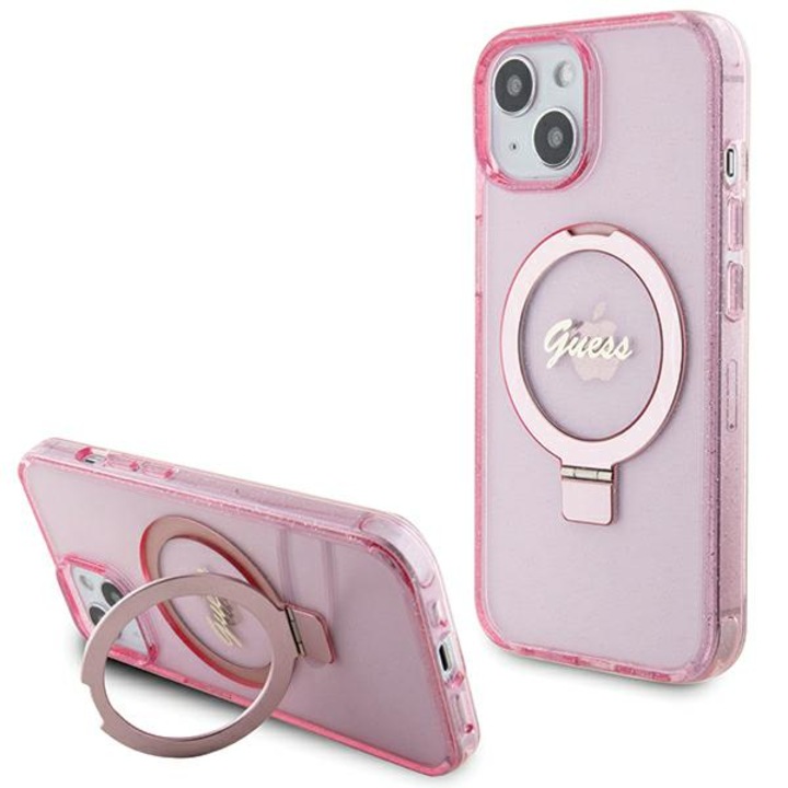 Husa de protectie compatibila Iphone 14 Plus/15 Plus, Guess, MagSafe, Roz/Auriu