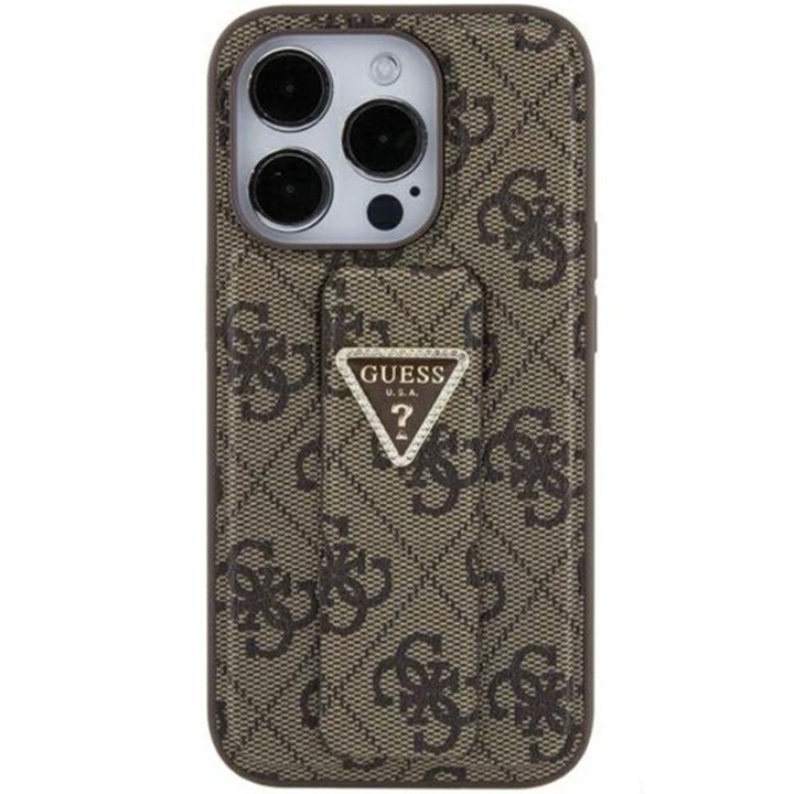 Guess GUHCP15SPGS4TDW iPhone 15 / 14 / 13 6.1" barna keménytok Grip Stand 4G Triangle Strass