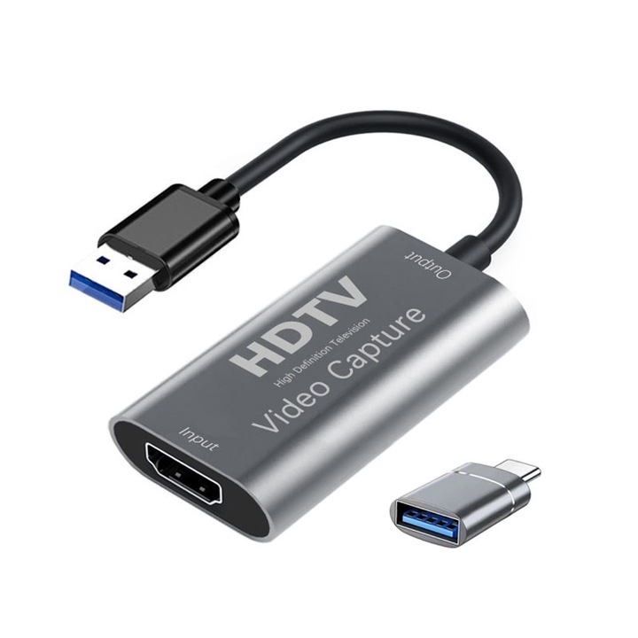 Placa de captura video, HDMI la USB 2.0, input 4K 30Hz, output 1080P 60Hz, pentru inregistrare gaming/ predare/ conferinta, Aluminiu, Gri