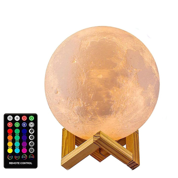 Moon Light 3D lámpa, 15cm, Távirányító/érintős vezérlés, többszínű 16 effektus, USB, Fa tartó