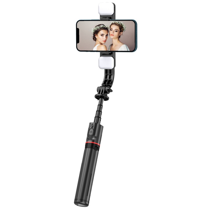 Feegar Selfie Stick kettős LED-es világítással, Bluetooth vezeték nélküli távirányítóval, 3 az 1-ben 114 cm, vezeték nélküli állvány, alkalmas szelfikhez, élő közvetítéshez, fekete