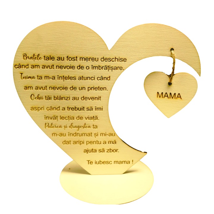 Decoratiune Te iubesc Mama, inima cu mesaj din suflet pentru mama lemn nature 20cm