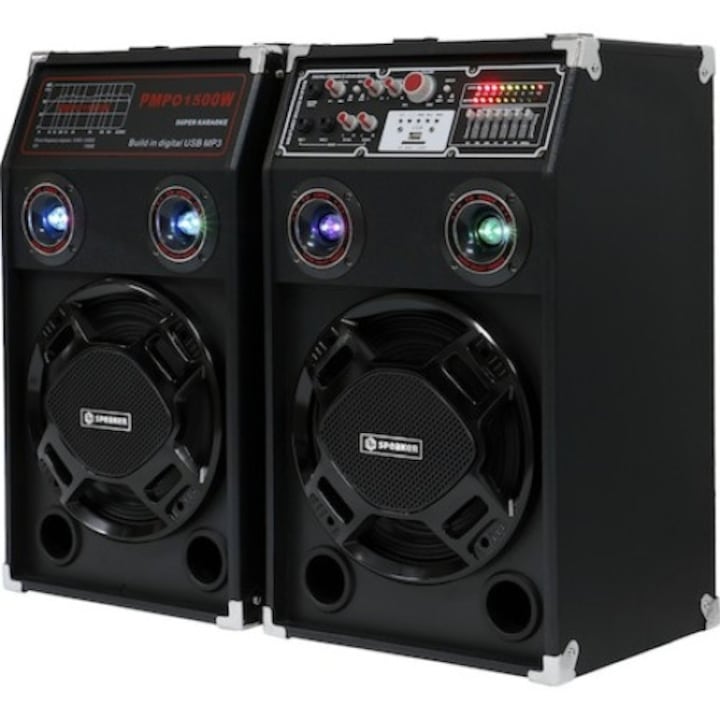 Set Boxe Active Profesionale 7STAR ® 600W, Difuzor 25CM ( 10 inch ), Lumini RGB, Karaoke, Bass Puternic, Conexiune Bluetooth, USB, RadioFM, SD Card, AUX