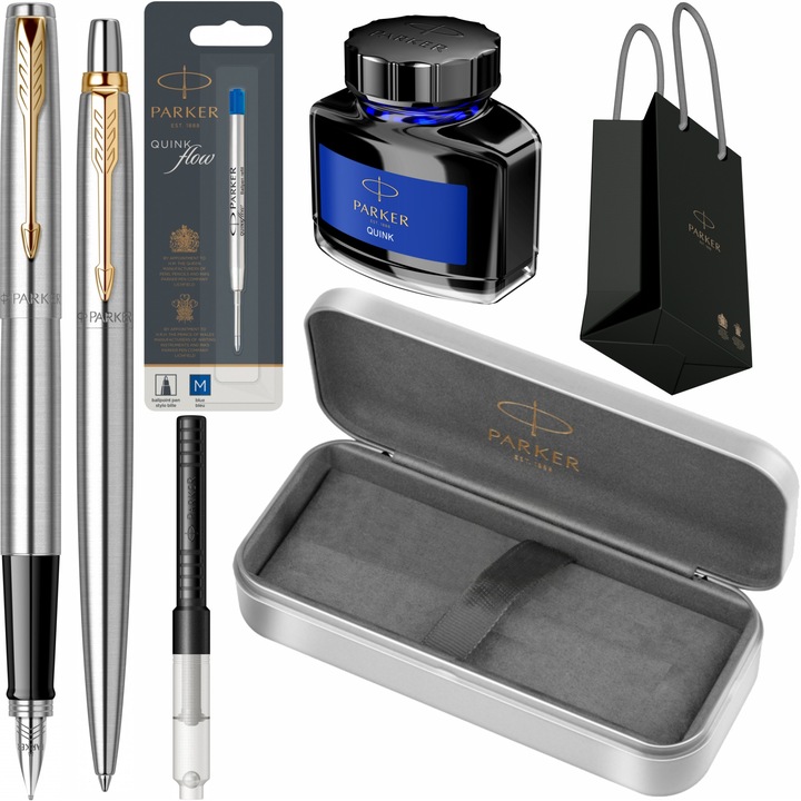 Set Parker Stilou si Pix Jotter Royal Stainless Steel GT cu gravura laser inclusa, rezerva pix Jumbo Quink Flow albastru, convertor standard, calimara cerneala, cutie din metal si punga