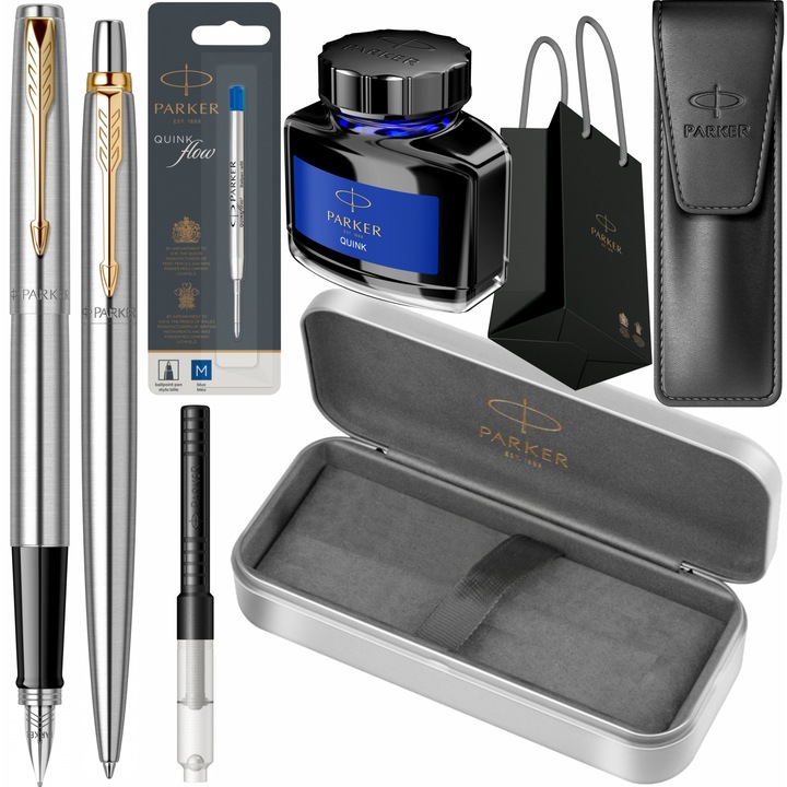 Set Parker Stilou si Pix Jotter Royal Stainless Steel GT cu gravura laser inclusa, rezerva pix Jumbo Quink Flow albastru, convertor standard, calimara cerneala, etui Leather Black, cutie din metal si punga