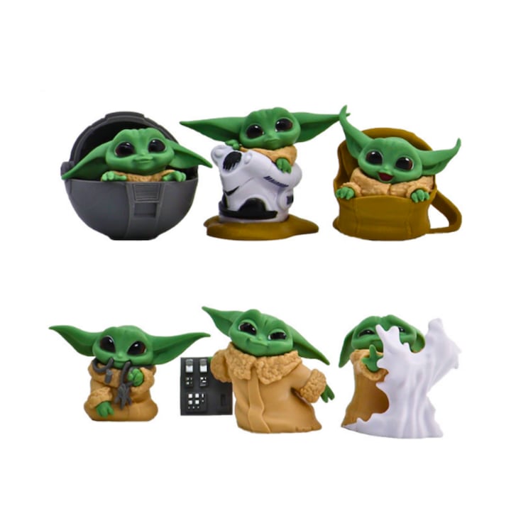 6 db-os Baby Yoda figurás készlet RealVDM®, Mandalorian, Star Wars, 6-8 cm-es méret, Többszínű, 3 év feletti