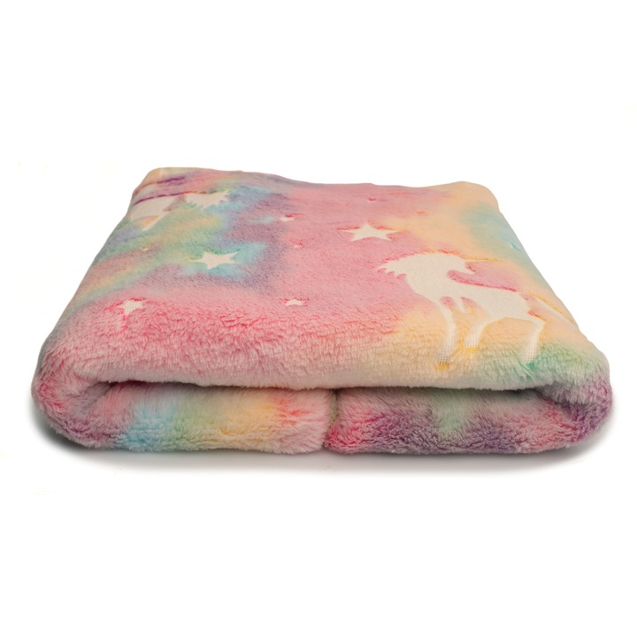 Tricotaj care straluceste in intuneric, tip: Minky Plus, model Unicorni Zapp, culoare multicolor, dimensiune 50 cm x 158 cm