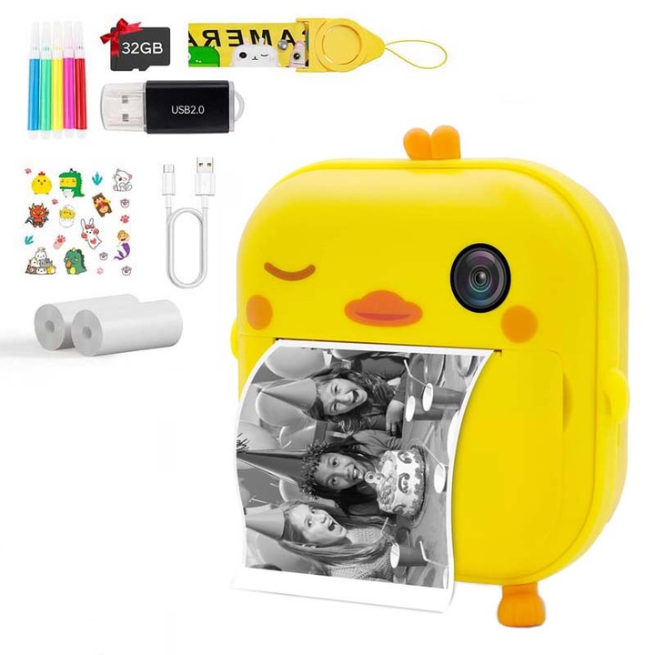 Camera foto/ video pentru copii, 40 MP, 2.4 inch IPS, 1080p HD, Card TF 32 GB, Galben