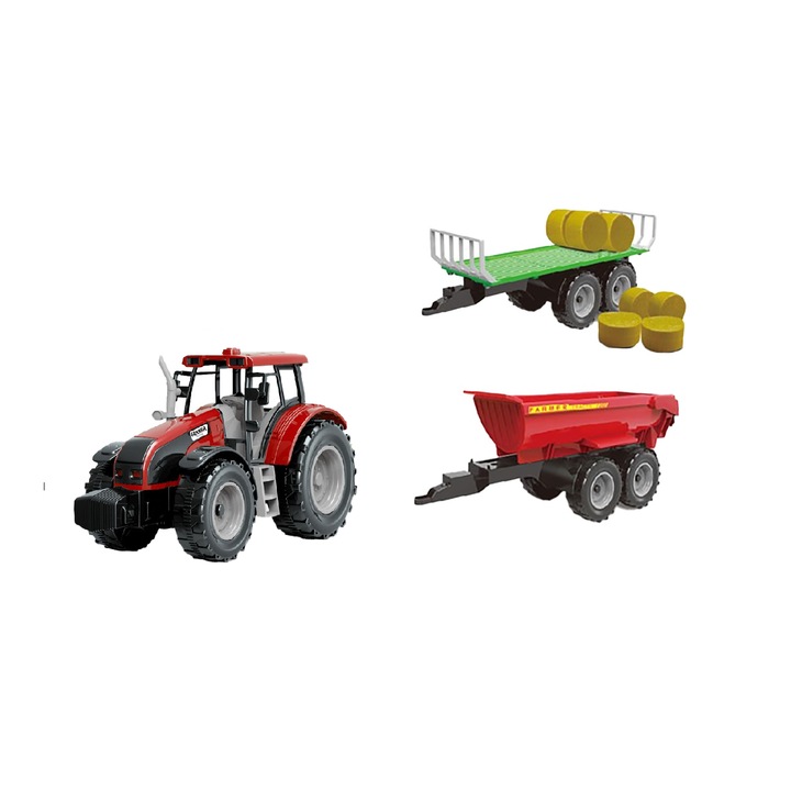 Set tractor rosu pentru ferma cu doua remorci, remorca baloti si remorca cereale