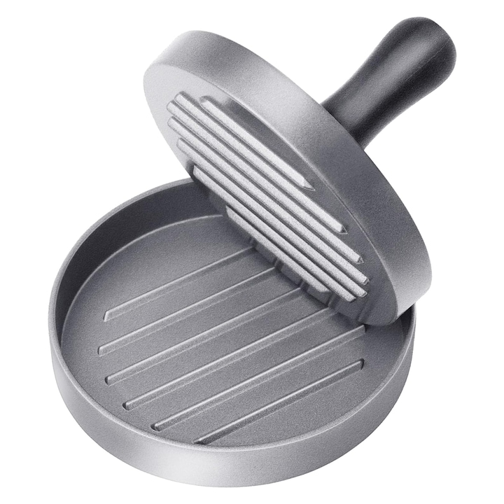 Hamburger prés tapadásmentes bevonattal, NUODWELL, Levehető ergonomikus fogantyúval, Konyhai és otthoni főzéshez, piknikhez és szabadtéri kempingezéshez, Alumínium ötvözet, 11,9 x 1,8 cm, Ezüst