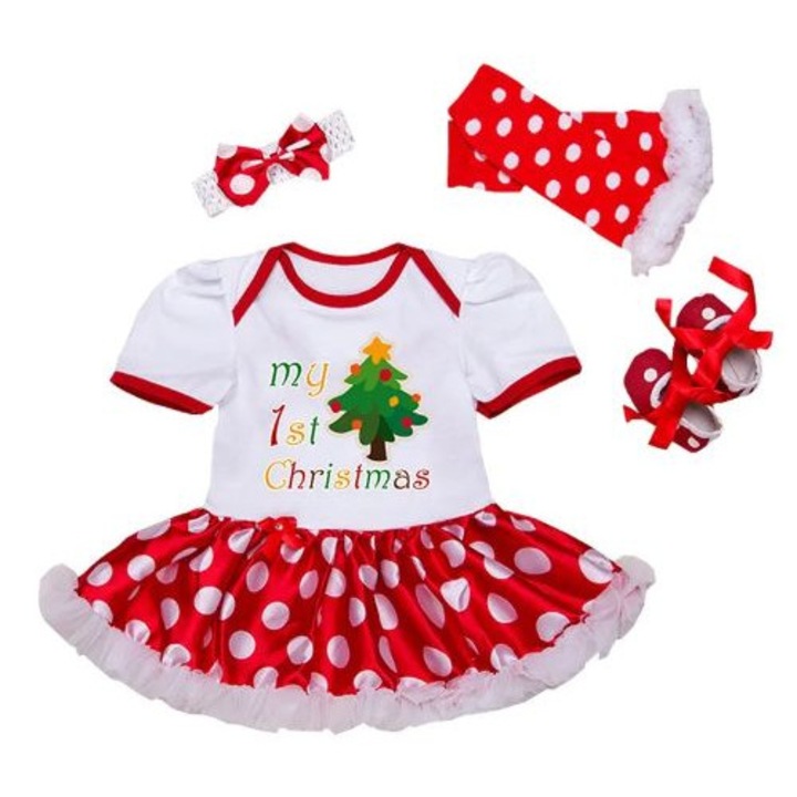 Compleu de Craciun, body alb cu rosu tip rochita, bentita, jambiere si papucei