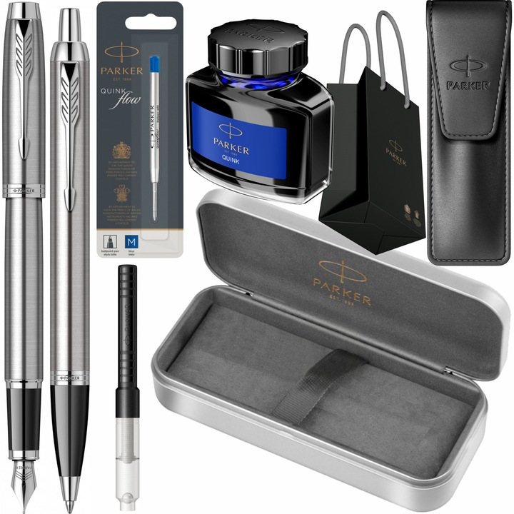 Set Parker Stilou si Pix IM Royal Essential Stainless Steel CT, cu rezerva pix Jumbo Quink Flow albastru, convertor standard, calimara cerneala, etui Leather Black, cutie din metal si punga