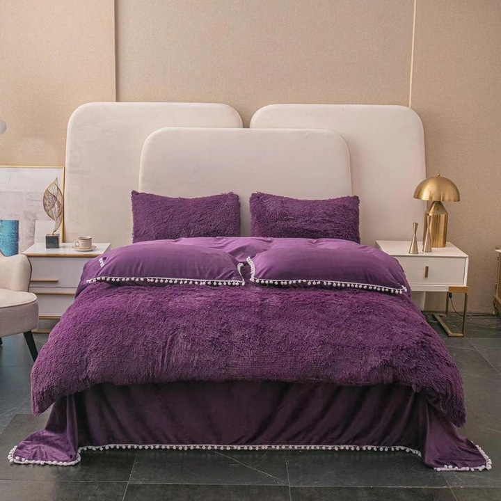 Супер пухкаво одеяло Cocolino, с косъм + 2 калъфки за възглавници, 200x230 см, лилаво