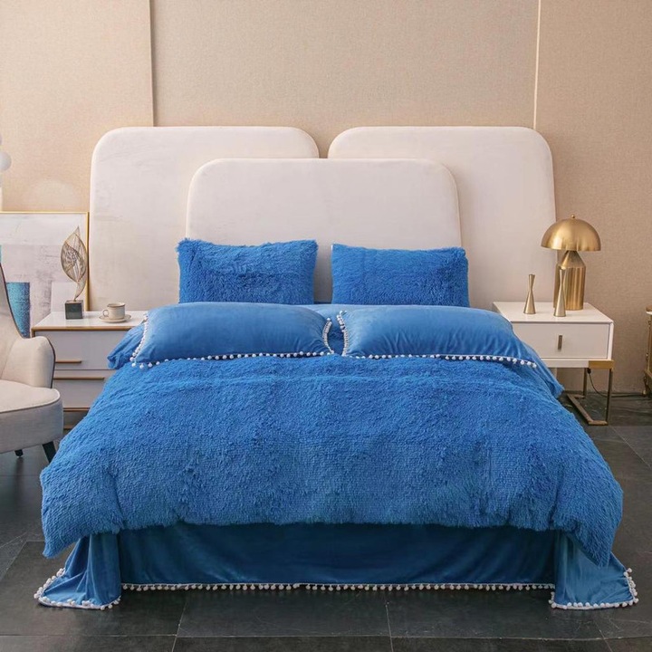 Супер пухкаво одеяло Cocolino, с косъм + 2 калъфки за възглавници, 200x230 см, синьо