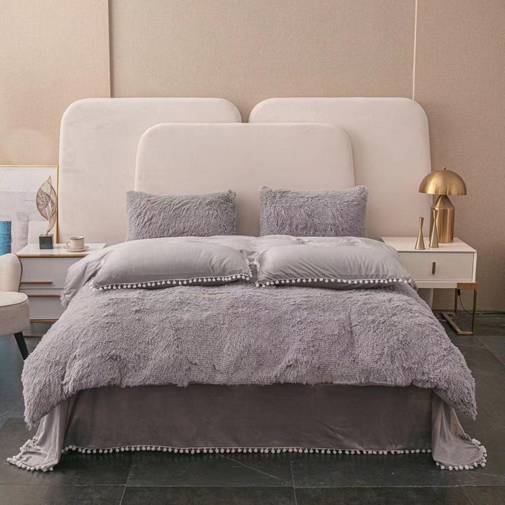 Супер пухкаво одеяло Cocolino, с косъм + 2 калъфки за възглавници, 200x230 см, сиво