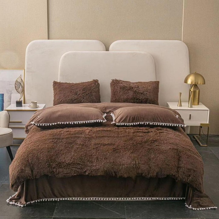 Супер пухкаво одеяло Cocolino, с косъм + 2 калъфки за възглавници, 200x230 см, кафяво