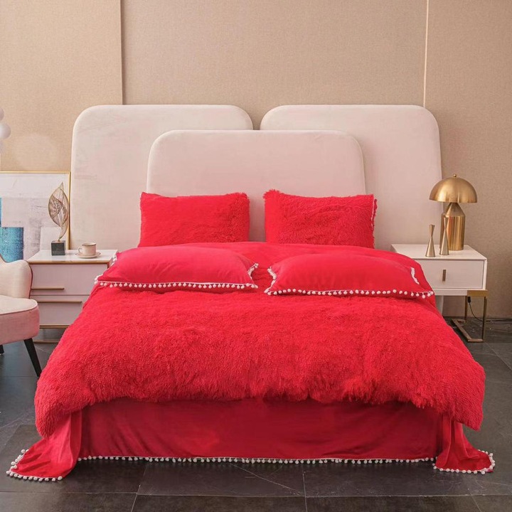 Супер пухкаво одеяло Cocolino, с косъм + 2 калъфки за възглавници, 200x230 см, червено