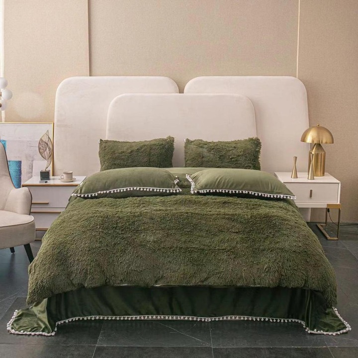 Супер пухкаво одеяло Cocolino, с косъм + 2 калъфки за възглавници, 200x230 см, зелено