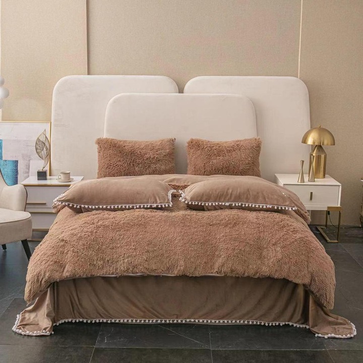 Супер пухкаво одеяло Cocolino, с косъм + 2 калъфки за възглавници, 200x230 см, тъмно бежово