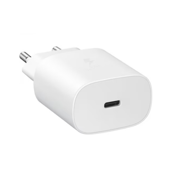 Gyorstöltő WaltStore hálózati töltő, kompatibilis Samsung A54/A52/A52S/A53/A23/A33/A70/A80/S20/S20 FE/Note 20, USB C, 25 W, fehér, buborékfólia