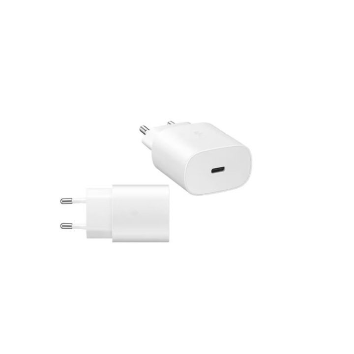 Gyorstöltő WaltStore hálózati töltő, kompatibilis Samsung A54/A52/A52S/A53/A23/A33/A70/A80/S20/S20 FE/Note 20, USB C, 25 W, fehér, buborékfólia