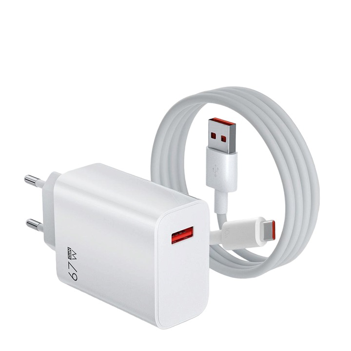 Quick Charge 67W adapter C típusú kábellel, GaN technológia, kompatibilis Xiaomi, Huawei, iPhone, Samsung, tablet, fehér
