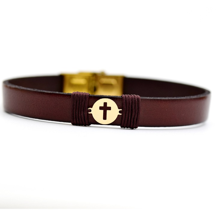 Bratara piele naturala banut decupaj cruciulita, cruce - Aur 14k