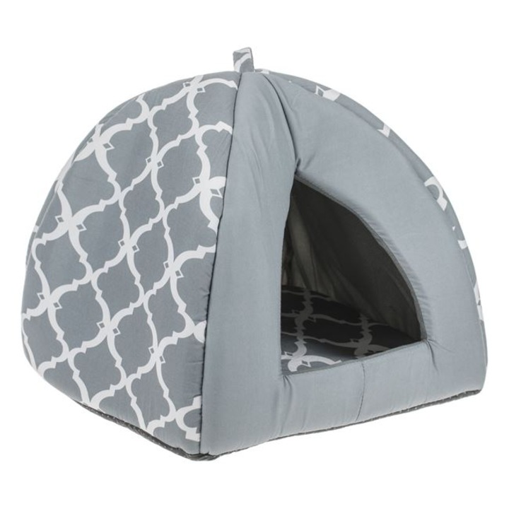 Pat cuib pentru caini si pisici, cu perna gri, antiaderent, model forme geometrice, dimensiuni 38x38x38 cm