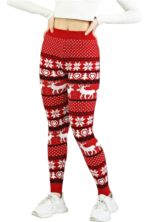 Плетен чорапогащник StarFashion плътен за зимата Коледен модел червен, Червен