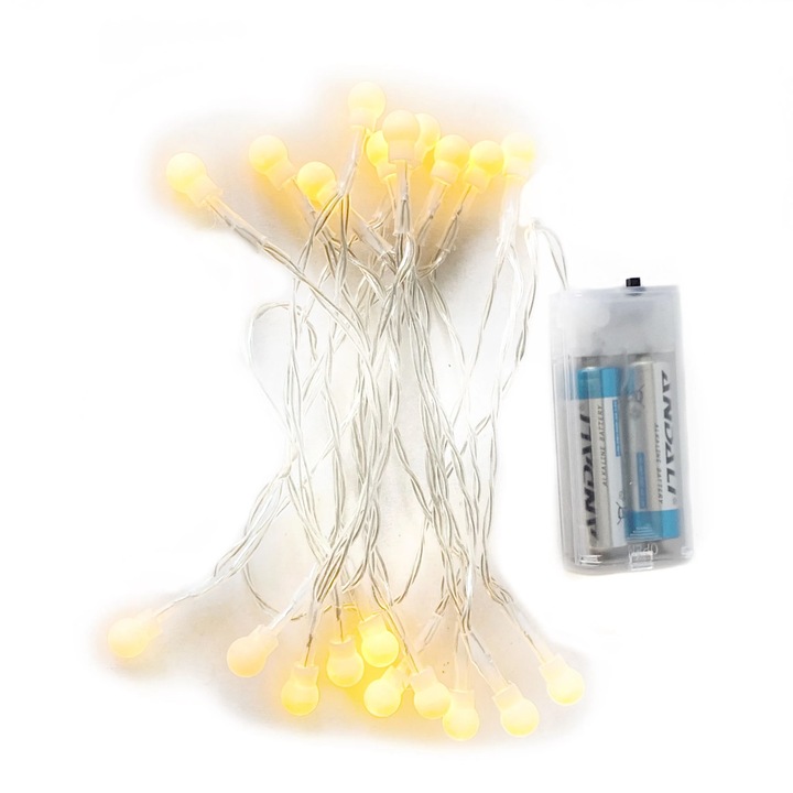 Karácsonyi installáció, zsinór típusú, elemekkel, 20 LED, hossza 2 m, meleg fehér fény