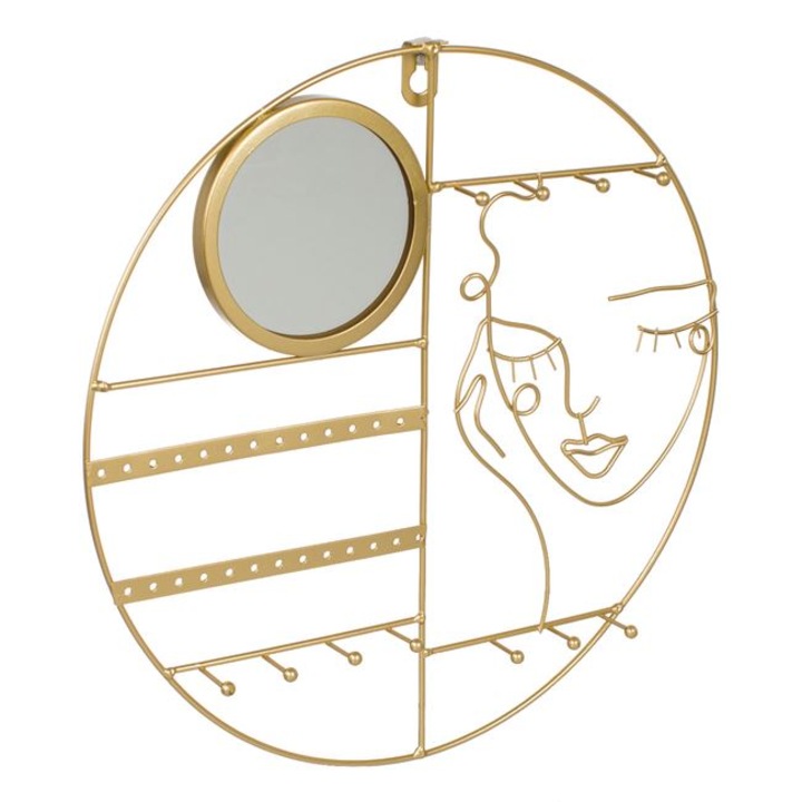 Organizator bijuterii VENITIVO®, model "Face"cu oglinda mica de 8.5 cm, umerase mici pentru coliere si gauri pentru cercei, montare pe perete, culoare auriu, diametru 30 cm