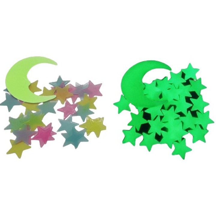 Set Stickere Autoadezive Copii Fosforescente pentru Perete/Mobila/Tavan, Model: Spatiul Stelar, 200 Stele 3 cm si Luna 8 cm, Luxer