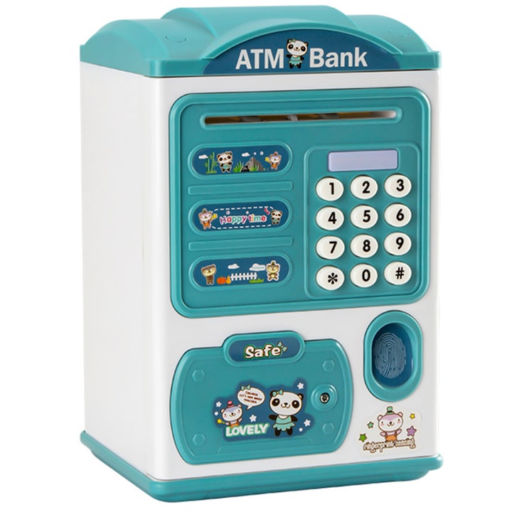 Pusculita interactiva copii, safe bank, cu functie ATM, Cu parola, Amtok, Plastic, Verde