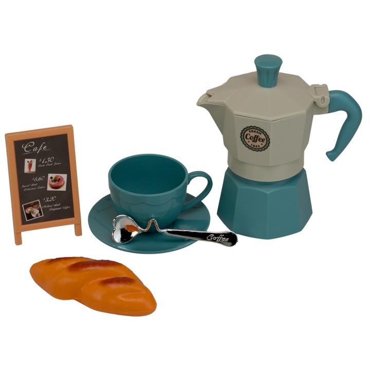 Set accesorii preparat cafea, 6 piese plastic, cafetiera, ceasca, farfurie, lingura, cornulet, tabla, OnemisFlot