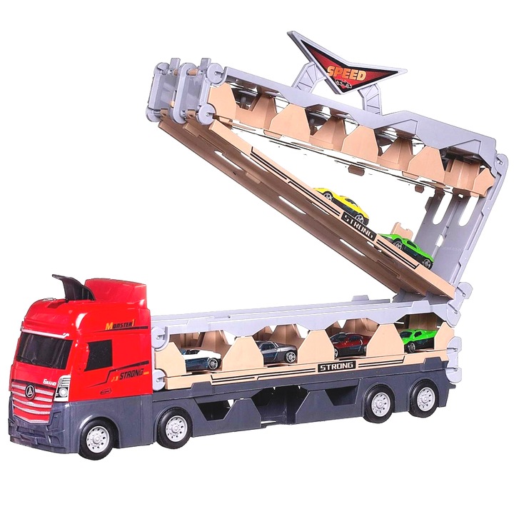 Set Camion Trailer de Jucarie pentru Transport Masinute de Curse Teno®, tir si 8 masini, catapultare vehicule, platforma si pista de curse, prelungire 2.07 m, rosu