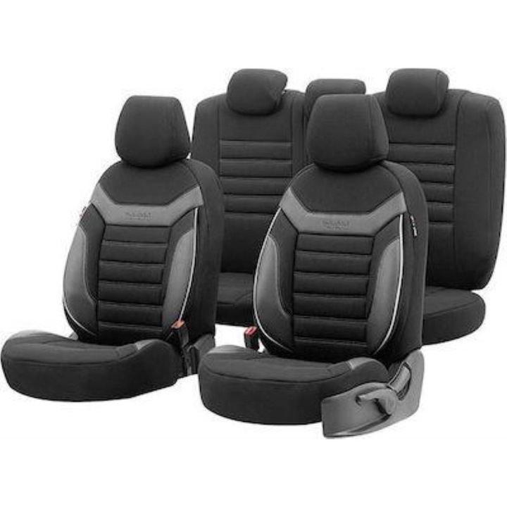 Set 11 huse auto, Otom, Piele/Spuma/Textil, Negru/Gri