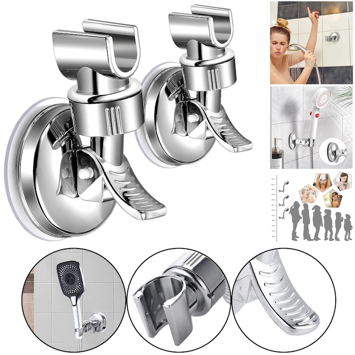 Set 2 suport cu ventuza pentru para de dus, NUODWELL, Design detasabil si design reglabil, Usor de instalat, Rezistent la apa si la rugina, Din plastic, 10.5 x 7 cm, Argintiu