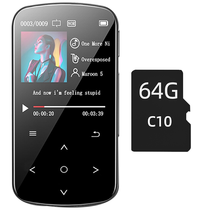 Player MP3, cu touchscreen 1.54 inch, 64 GB suporta pana la 128 GB, Clip prindere, portabil, HiFi audio, Bluetooth, E-book reading, voice recorder, Radio FM, Vaxiuja, negru