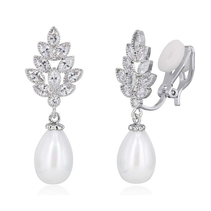 Cercei cu clips, cu pietre din zirconiu si perle, Amira Clip-on