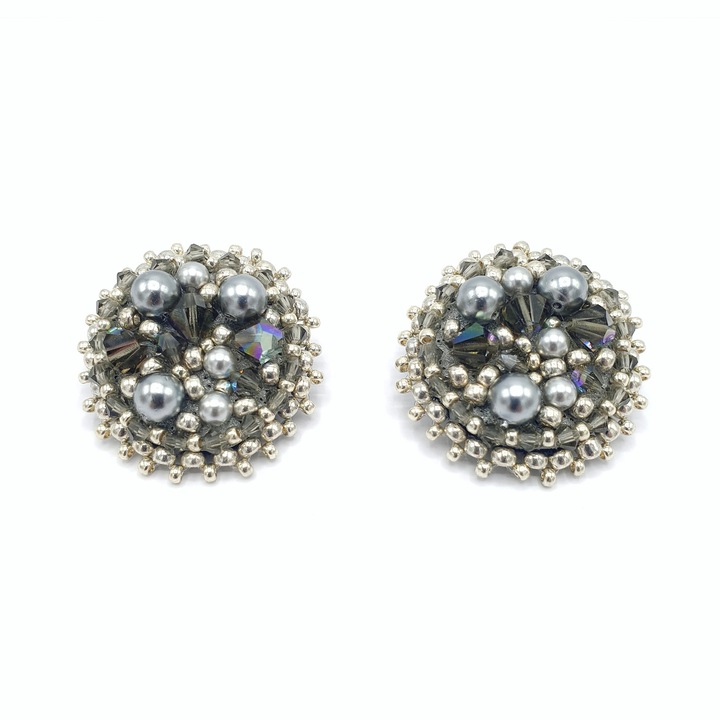 Cercei clips rotunzi, Corizmi, Silver Glam Clips, perle si cristale argintii