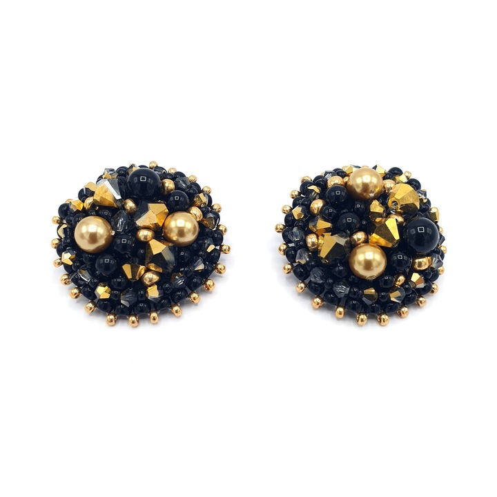 Cercei clips rotunzi, Corizmi, Gold Black Glam Clips, perle si cristale, negri aurii