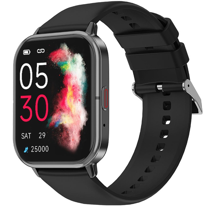 Ceas smartwatch, SmartCALL, inteligent, fitness, sport, ecran 1.85", rezistent apa, notificari, meteo, limba romana, apelare Bluetooth, negru