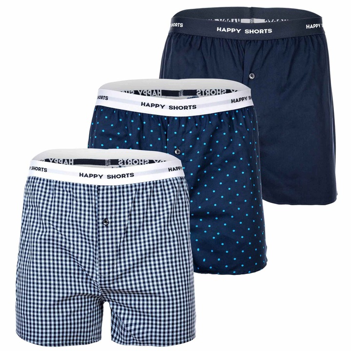 Happy Shorts, Set de boxeri de bumbac - 3 perechi, Albastru